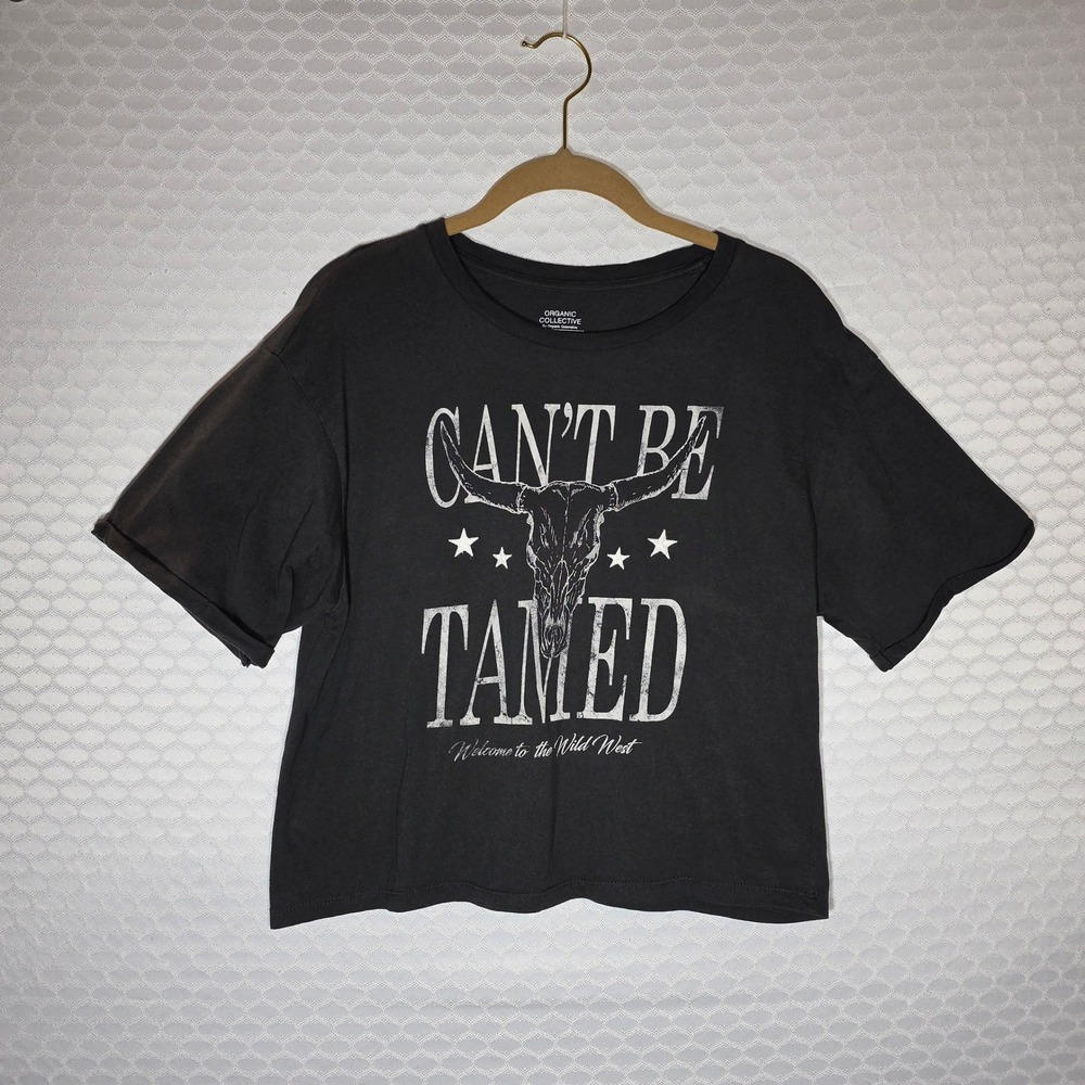Organic Collective Cant Be Tamed Bull Skull Graphic Tee Washed Black Medium